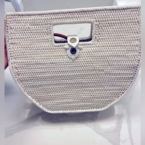 Anthropologie White rattan clutch with brown strap attachment for crossbody